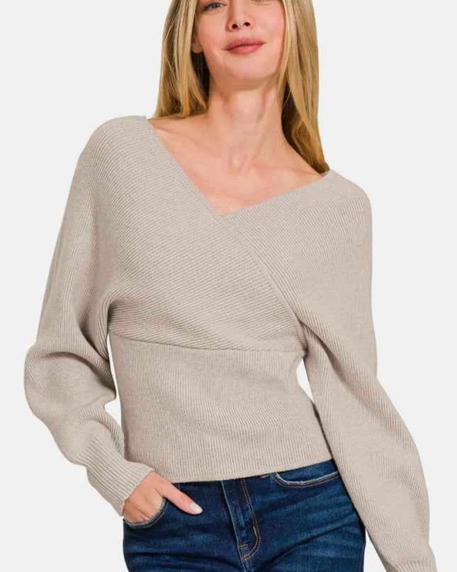 Zenana Cross Wrap Rib Long Sleeve Sweater H Mocha