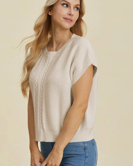 Double Take Full Size Cable-Knit Round Neck Short Sleeve Sweater