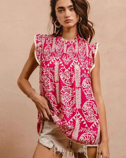 BiBi Printed Ruffle Sleeve Top