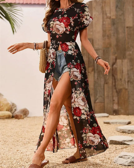 Slit Rose Printed Round Neck Short Sleeve Blouse