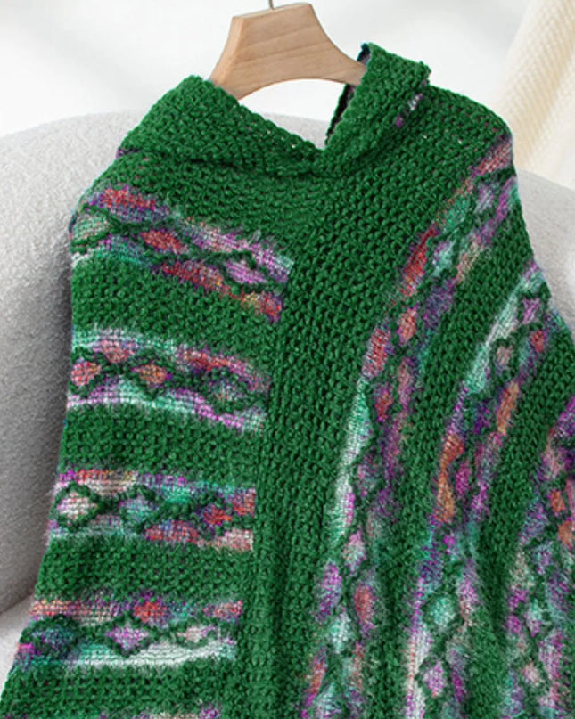 Fringe Contrast Hooded Poncho