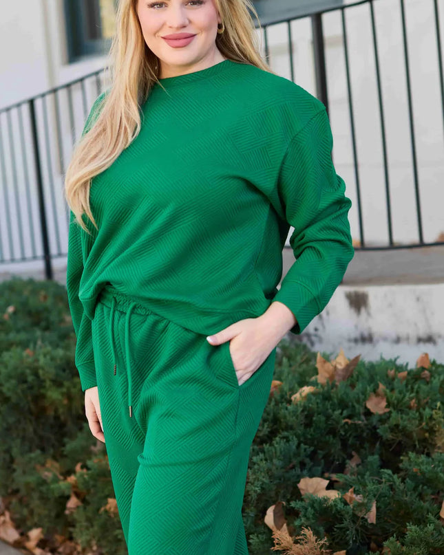 Double Take Full Size Textured Long Sleeve Top and Drawstring Pants Set