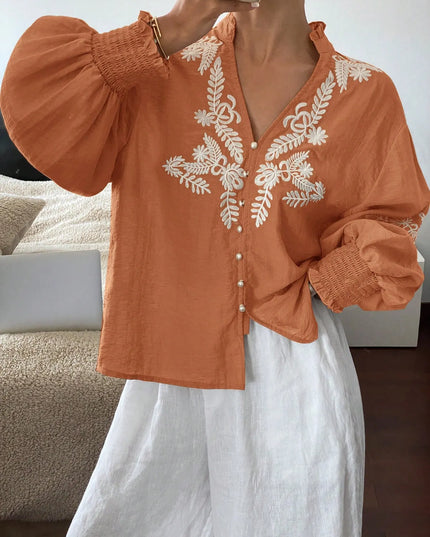 Embroidered Lantern Sleeve Blouse Orange