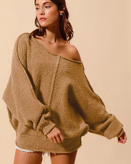 SO ME Loose Fit Exposed Seam Slouchy Boucle Sweater