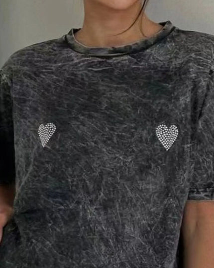 Rhinestone Heart Washed Oversized T-Shirt 