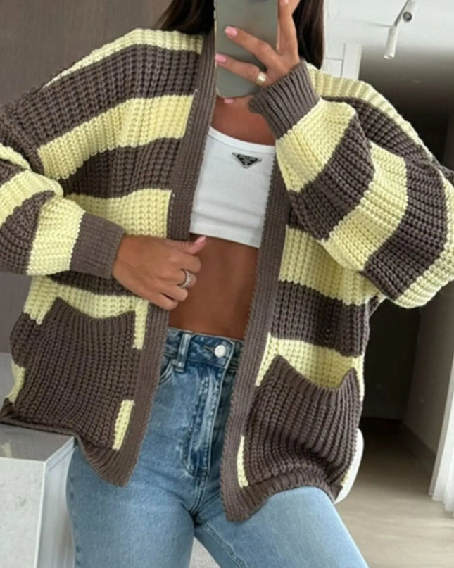 Striped Open Front Long Sleeve Cardigan