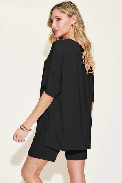 Basic Bae Bamboo Full Size V-Neck Drop Shoulder T-Shirt and Shorts Set
