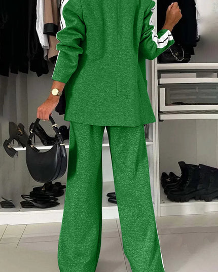 Full Size Contrast Lapel Collar Top and Pants Set