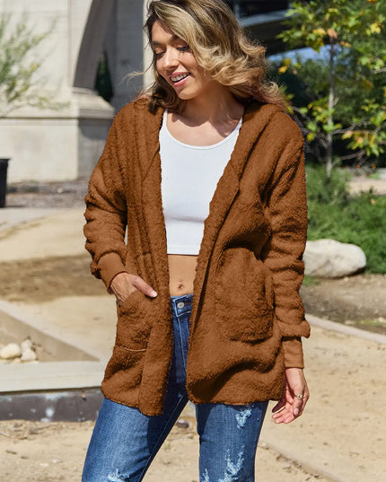 Full Size Teddy Hooded Jacket with Pockets Caramel