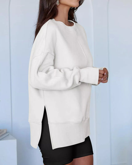 Side Slit Round Neck Long Sleeve Sweatshirt