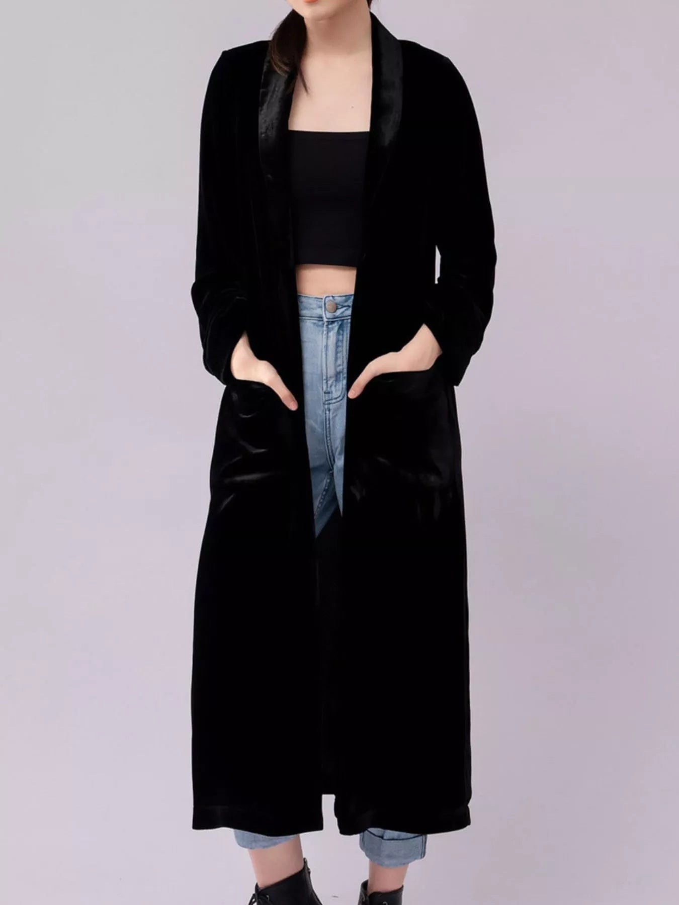 Velvet Lapel Collar Longline Coat