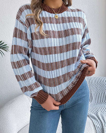 Striped Round Neck Long Sleeve Sweater Brown
