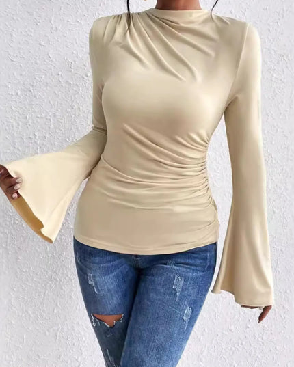 Bell Sleeve Ruched Fitted T-Shirt with Mock Neck Beige