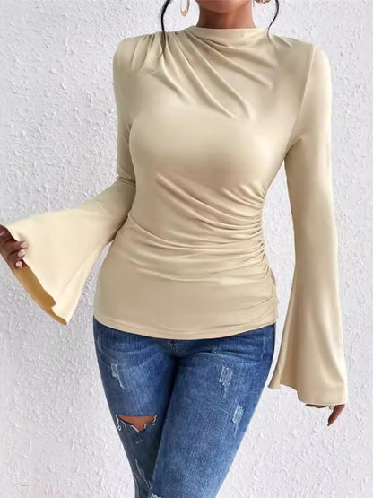Bell Sleeve Ruched Fitted T-Shirt with Mock Neck Beige