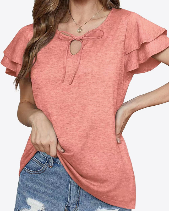 Tie-Neck Layered Flutter Sleeve Blouse