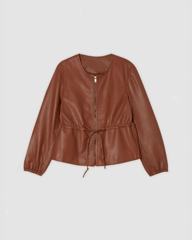 Drawstring Zip Up Leather Jacket