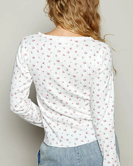 POL Floral V-Neck Long Sleeve T-Shirt 