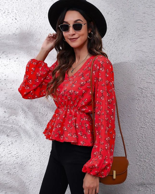 Floral V-Neck Balloon Sleeve Peplum Blouse