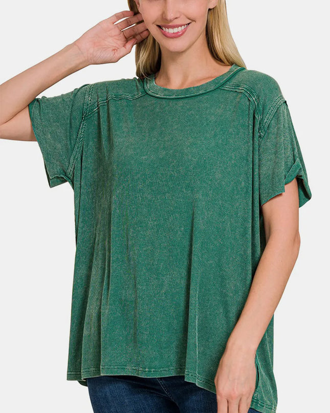 Zenana Washed Ribbed Short Sleeve Top DKGREEN