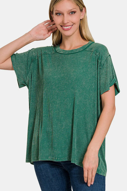 Zenana Washed Ribbed Short Sleeve Top DKGREEN