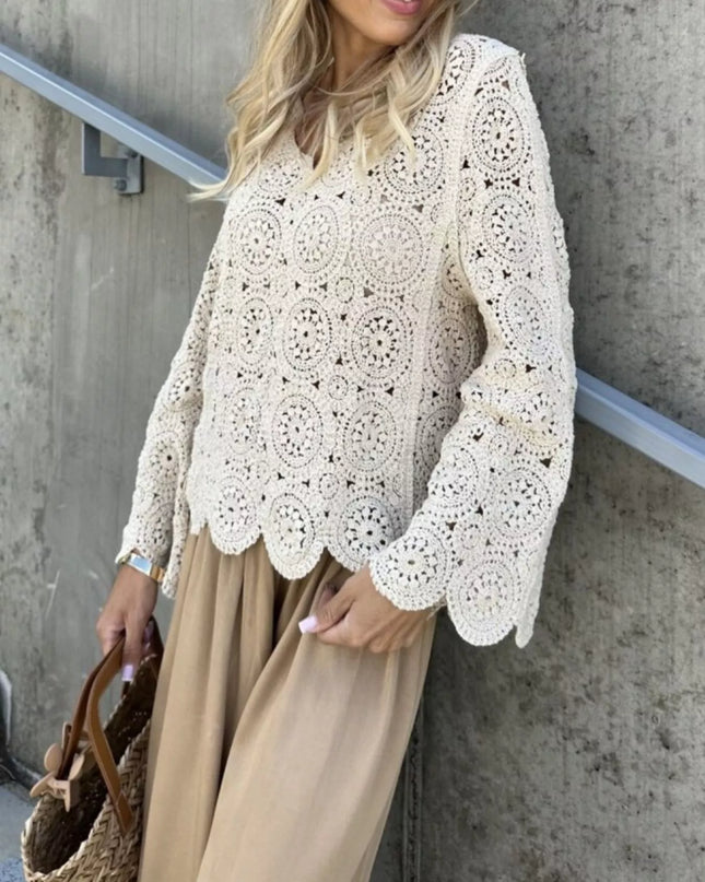 Crochet Lace V-Neck Bell Sleeve Knit Top