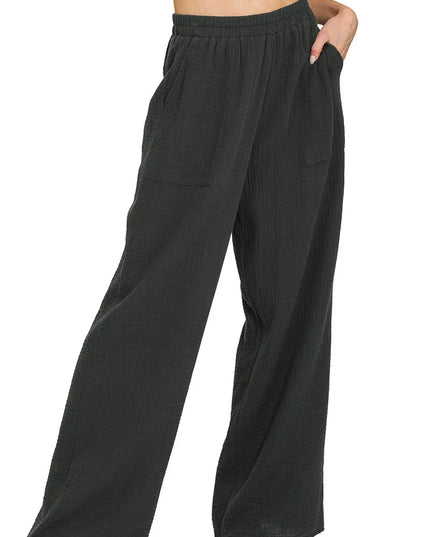 Zenana Double Gauze Elastic Band Pants BLACK