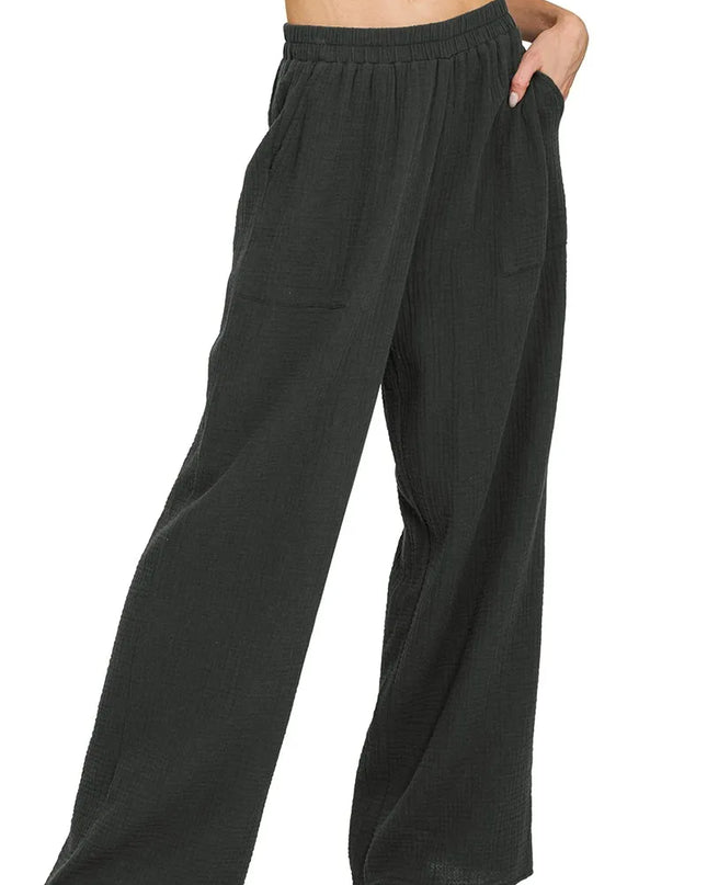 Zenana Double Gauze Elastic Band Pants BLACK