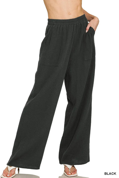 Zenana Double Gauze Elastic Band Pants BLACK