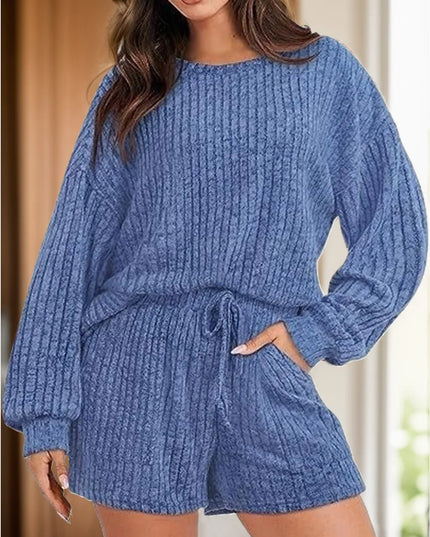 Round Neck Dropped Shoulder Top and Shorts Set Dusty Blue