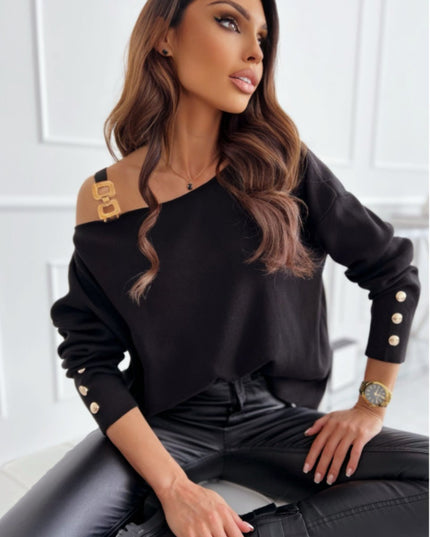 Asymmetrical Neck Buttoned Top Black