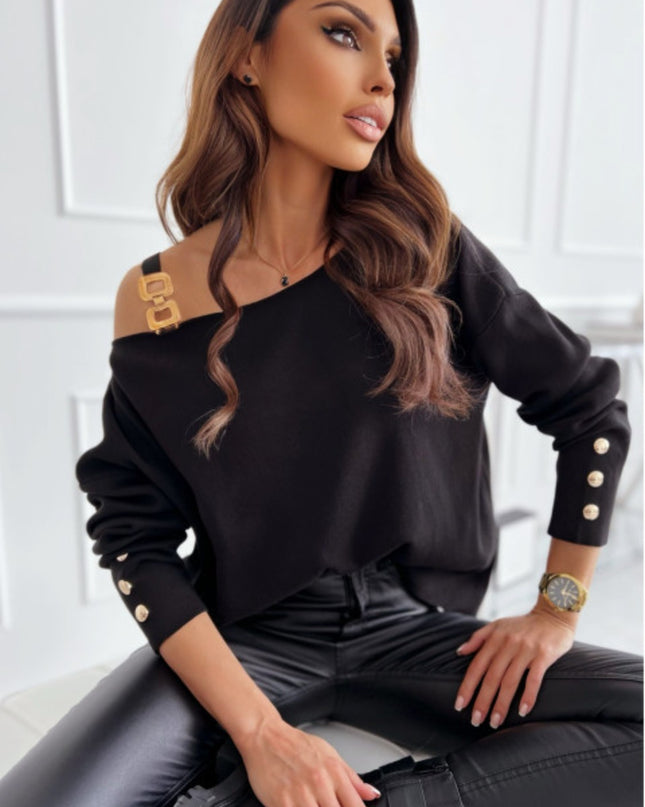 Asymmetrical Neck Buttoned Top Black
