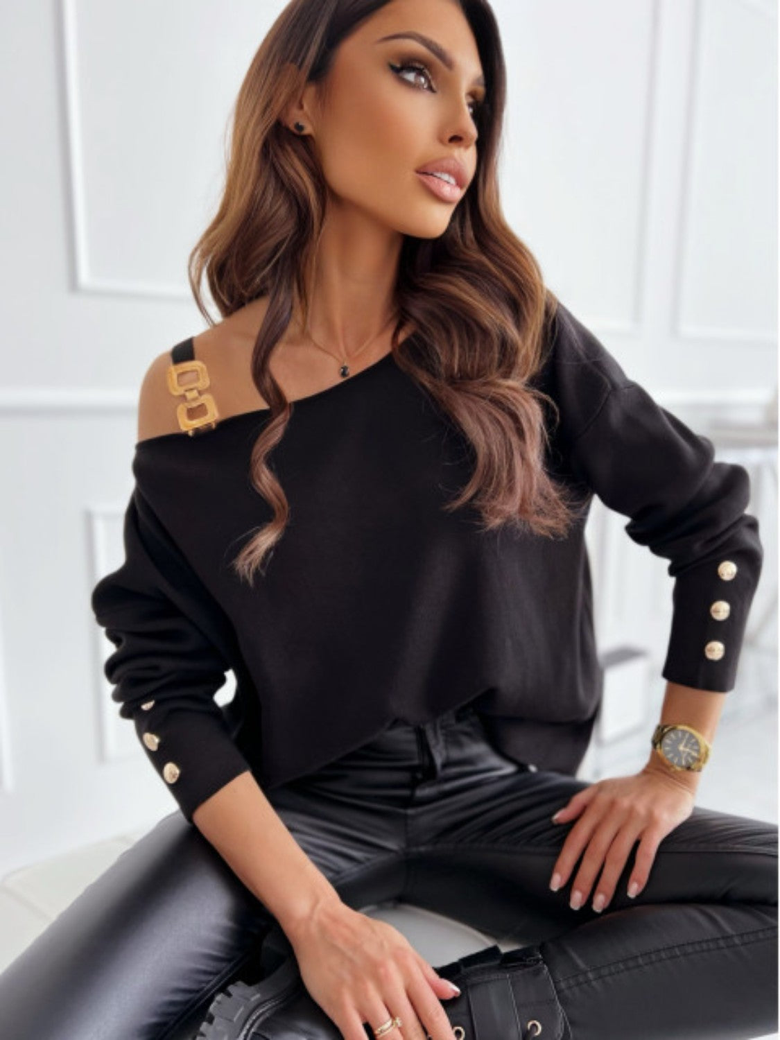 Asymmetrical Neck Buttoned Top Black