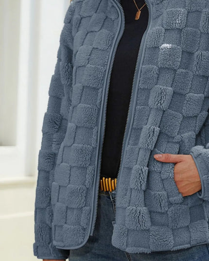 Fuzzy Checkered Zip Up Jacket