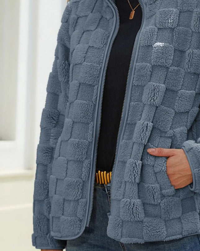 Fuzzy Checkered Zip Up Jacket