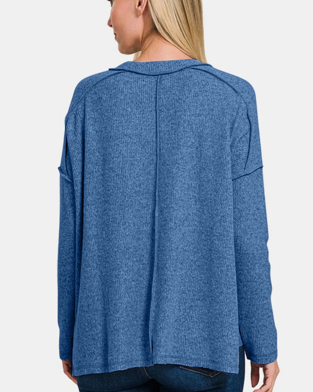 Zenana Full Size Exposed Seam Brushed Round Neck Sweater 