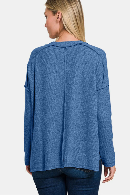 Zenana Full Size Exposed Seam Brushed Round Neck Sweater 