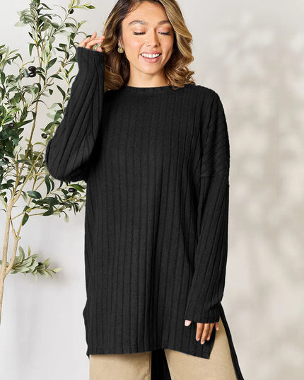 Basic Bae Full Size Ribbed Round Neck Long Sleeve Slit Top