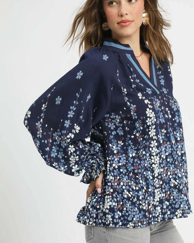 Umgee Full Size Floral Vine Print Blouse with Balloon Sleeves Plus Size
