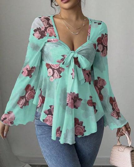 Floral Tie Front Flare Sleeve Blouse Cyan