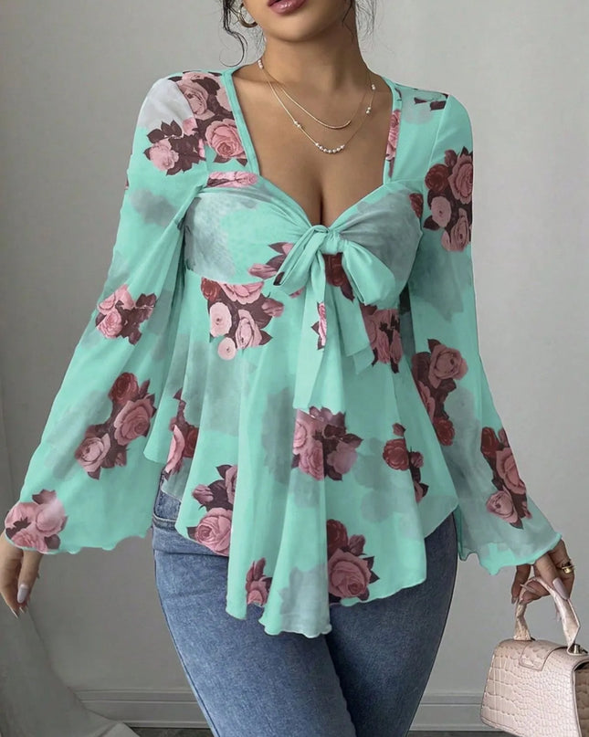 Floral Tie Front Flare Sleeve Blouse Cyan