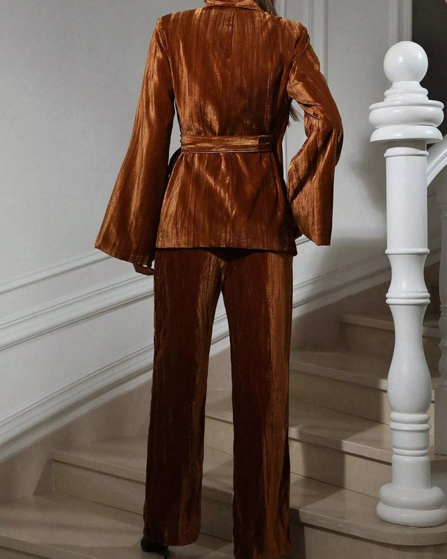 Velvet Tie Waist Blazer and Pants Set