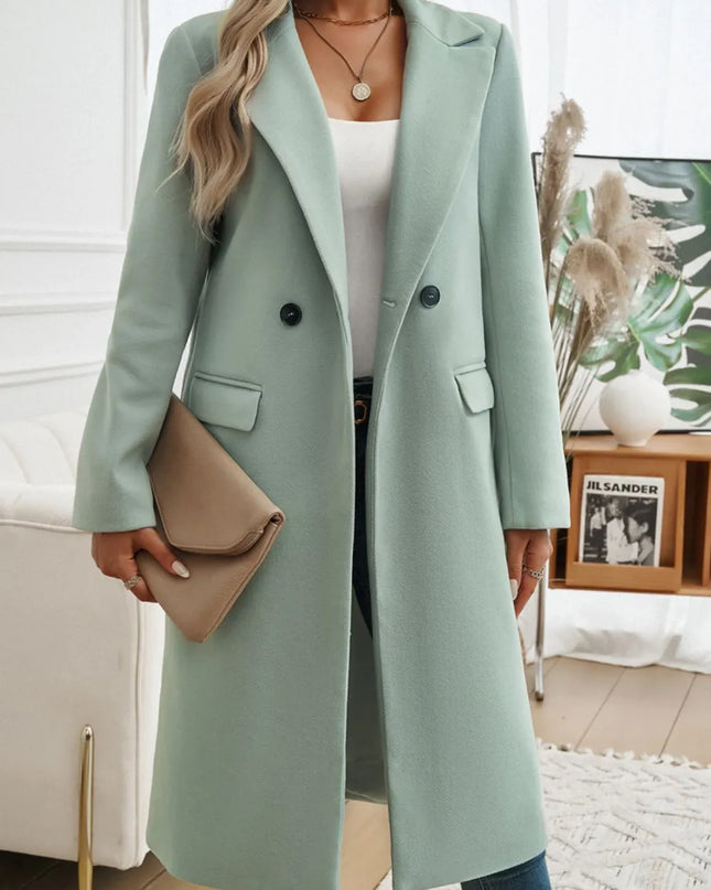 Devine Pocketed Collared Neck Long Sleeve Coat