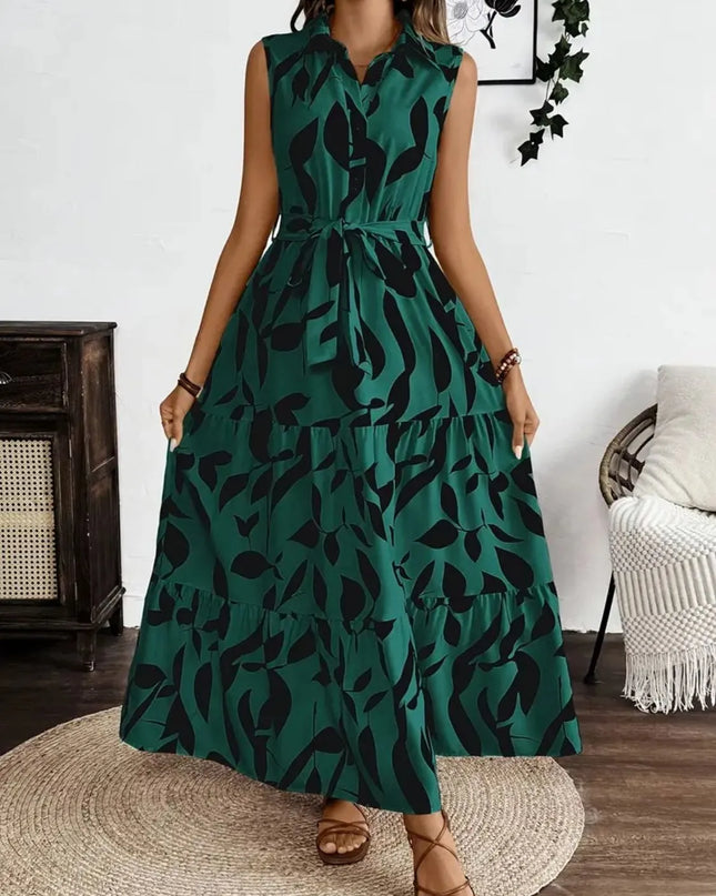 Printed Tie Waist Sleeveless Maxi Dress 