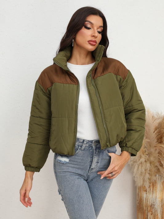 Two-Tone Zip-Up Puffer Jacket Army Green