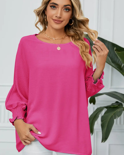 Smocked Lantern Sleeve Round Neck Blouse Hot Pink