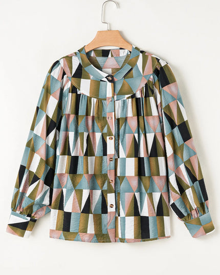 Geometric Print Buttoned Balloon Sleeve Loose Fit Shirt