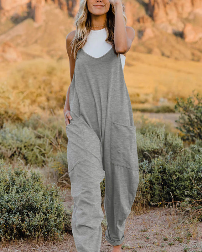 Double Take Full Size V-Neck Sleeveless Jumpsuit with Pockets Light Gray