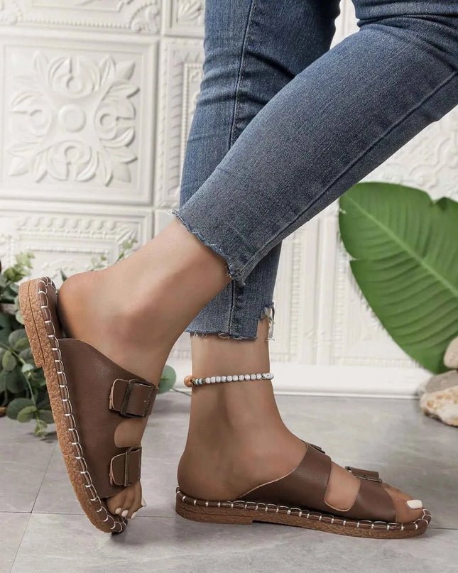Double Buckle Strap Flat Sandals