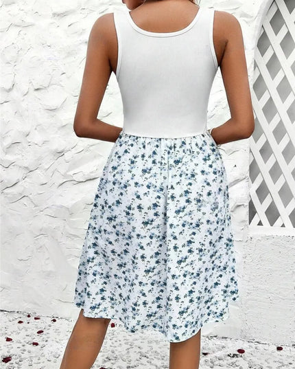 Lace Detail Floral Round Neck Sleeveless Dress