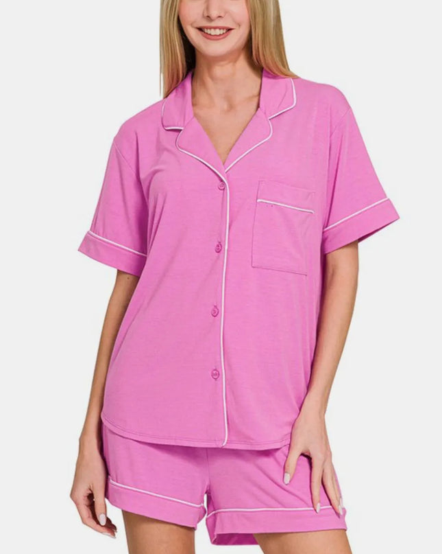 Zenana Button Down Short Sleeve Top and Shorts Lounge Set BRIGHT MAUVE